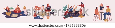 Collection of happy people playing board  games together. Home leisure activities for friends or family members. Stay at home activities. Vector illustration in flat style.