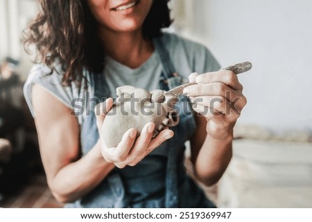 Image, Stock Photo Crop woman sculpturing pot with clay