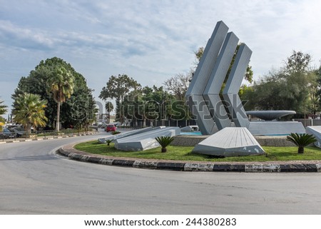 NICOSIA, CYPRUS - DECEMBER 17, 2014 : Modern sculpture on a roundabout in the North Cyprus Turkish sector of Nicosia on Bedrettin Demirel road.