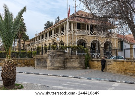 NICOSIA, CYPRUS - DECEMBER 17, 2014 : The British Colonial Law Courts, now used as public offices in Ataturk Square, in the Turkish part of Nicosia, in Northern Cyprus.