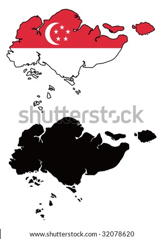 Layered editable vector illustration country map of Singapore,which contains two versions, colorful country flag version and black silhouette version.