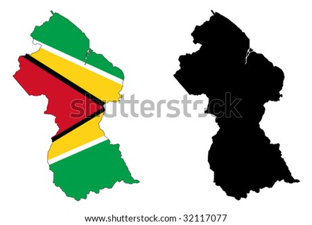 Layered editable vector illustration country map of Guyana,which contains two versions, colorful country flag version and black silhouette version.