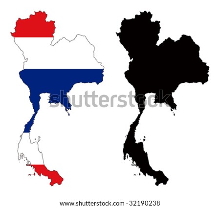 Layered editable vector illustration country map of Thailand,which contains two versions, colorful country flag version and black silhouette version.