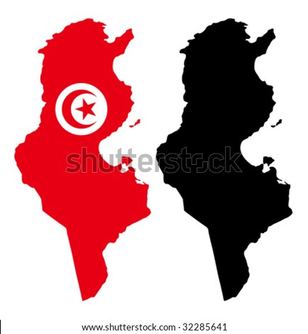 Layered editable vector illustration country map of Tunisia,which contains two versions, colorful country flag version and black silhouette version.