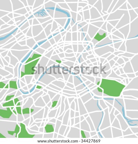 Layered editable vector streetmap of Paris,France,which contains lines and colored shapes for lands,roads,rivers and parks.