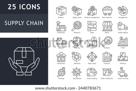 Set of 25 line icons related to supply chain, production, logistic, delivery, distribution, value. Outline icon collection. Vector illustration. Editable stroke