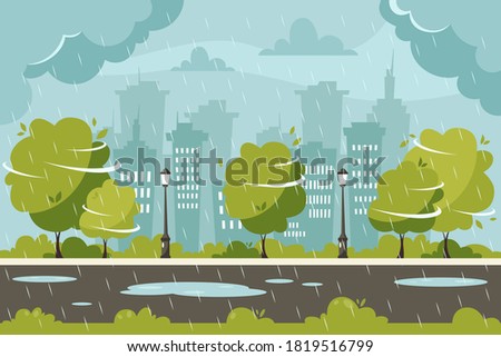 Rain on city background. Rainy and windy day. Vector illustration in flat style.