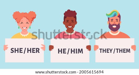 People holding sign with gender pronouns. She, he, they, non-binary. Gender-neutral movement. Vector illustration