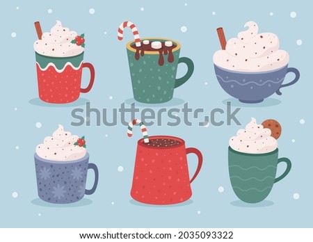 Christmas hot drinks collection. Winter hot drinks, hot chocolate, cups of coffee. Vector illustration