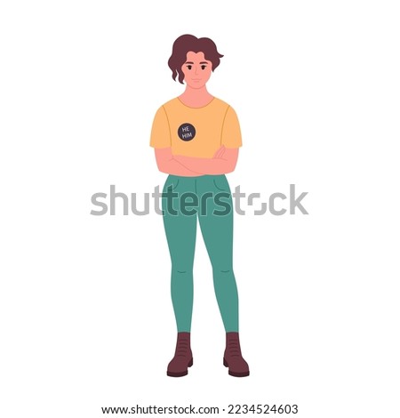 Young character with gender pronouns pin. She, he, they, non-binary. Gender-neutral movement. LGBTQ community. Hand drawn vector illustration