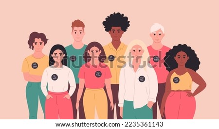 People with gender pronouns pin. She, he, they, non-binary. Gender-neutral movement. LGBTQ community. Hand drawn vector illustration