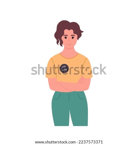 Young character with gender pronoun pin. She, he, they, non-binary. Gender-neutral movement. LGBTQ community. Hand drawn vector illustration