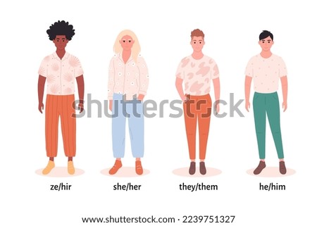 Men with gender pronouns. She, he, they, ze, non-binary. Gender-neutral movement. LGBTQ community. Hand drawn vector illustration