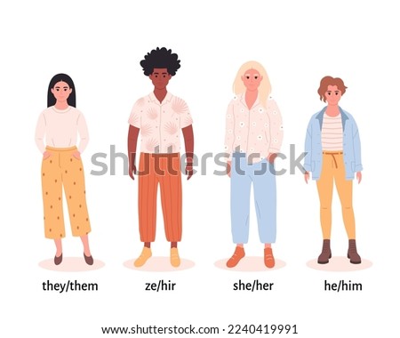 People with gender pronouns. She, he, they, non-binary. Gender-neutral movement. LGBTQ community. Hand drawn vector illustration
