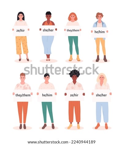 People holding signs with gender pronouns. She, he, they, ze, non-binary. Gender-neutral movement. LGBTQ community. Hand drawn vector illustration