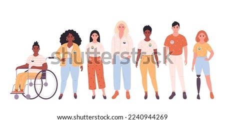 People with LGBTQ pin. Non-binary person, transgender. People with physical disability. Social diversity. Hand drawn vector illustration