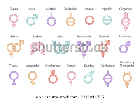 Set of gender symbols. LGBTQ community. Gay, lesbian, transgender, non-binary. Vector illustration in flat style