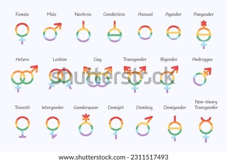 Set of gender symbols. LGBTQ community. Gay, lesbian, transgender, non-binary. Vector illustration in flat style