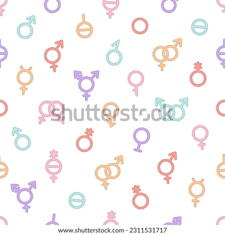 Gender symbols seamless pattern. LGBTQ community. Gay, lesbian, transgender, non-binary. Vector illustration in flat style