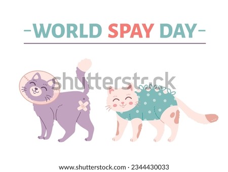 Animal spay or neuter. Cat in veterinary collar and bandage. Sterilization of pets. World spay day. Vector illustration in flat style