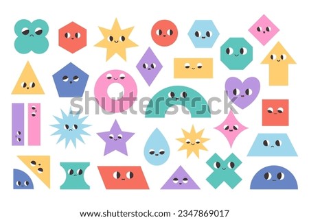 Cute cartoon geometric shapes characters. Basic abstract geometry figures with cartoon faces. Trendy educational objects for preschool kids. Vector illustration in flat style