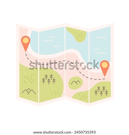 Paper map, expedition adventure and journey. Route and locations marked with pin on paper map. GPS navigator with pointer on place of destination and path. Vector illustration in flat style