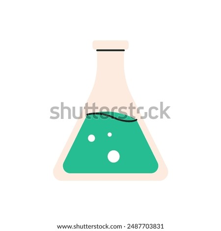 Lab measuring beaker. Transparent glassware with chemical reagent. Medical scientific research. Experiment equipment. Vector illustration in flat style