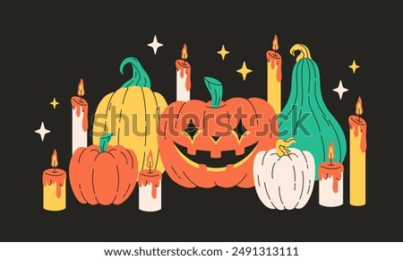 Halloween greeting card with pumpkins, stars and candles. Happy Halloween. Vector illustration in flat style