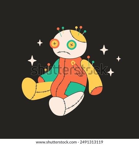 Cute voodoo doll with needles, pins. Magic, esoteric, witchcraft. Vector illustration in flat style