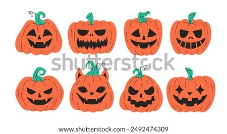 Cute and scary Halloween pumpkins, Jack o'lantern. Happy Halloween, trick or treat. Vector illustration in flat style