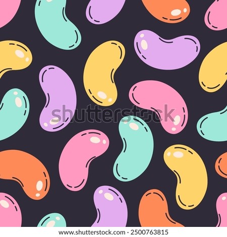 Seamless pattern with colorful jelly beans. Sweets, candies. Halloween sweets seamless pattern. Print for banners, wallpapers, textiles, wrapping paper. Vector illustration in flat style