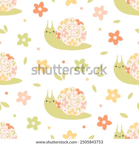 Seamless pattern with cute snails and flowers. Spring and summer seamless pattern. Vector illustration in flat style