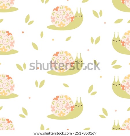 Seamless pattern with cute snails and flowers. Spring and summer seamless pattern. Vector illustration in flat style