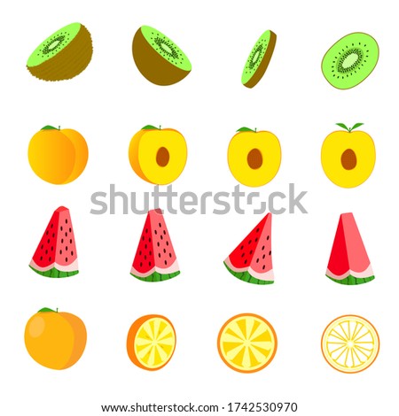 Flat fruits isolated. Food icon set on white background. Fresh natural kivi,orange,watermelon,peache.