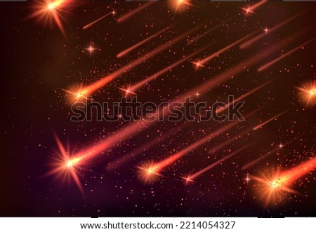 Space vector banner of meteor shower, shooting stars and falling comets or asteroids with bright yellow meteorite fireballs, glowing fire trails and orange sparkles. Galaxy, universe and astronomy