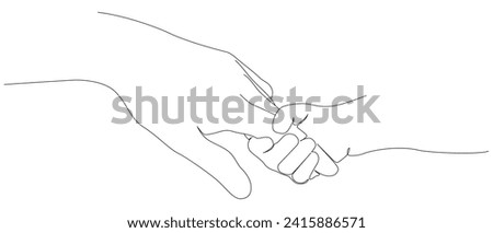 One continuous line drawing of baby kid hand holding mom dad parents hands. son daughter grab mommy daddy hand. family doodle outline art line vector illustration