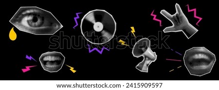 Trendy halftone set. Mouth, lips, eyes, loudspeaker, megaphone, vinyl, hand metal. Contemporary groovy grunge style. Retro vector illustration.