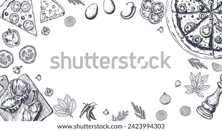 Italian restaurant menu top view in outline. Ravioli on plate table background. retro old school style illustration. Free space Vector illustration