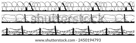 Similar – Image, Stock Photo Prison security fence. Barbed wire security fence. Razor wire jail fence. Barrier border. Boundary security wall. Prison for arrest criminals or terrorists. Private area. Military zone concept.