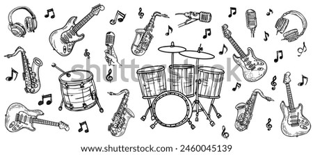 hand drawn black line of music instruments. guitar, saxophone, drum doodle vector set.