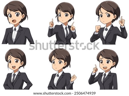 character sheet of business woman in multiple expressions. set of cartoon anime avatar emoji.