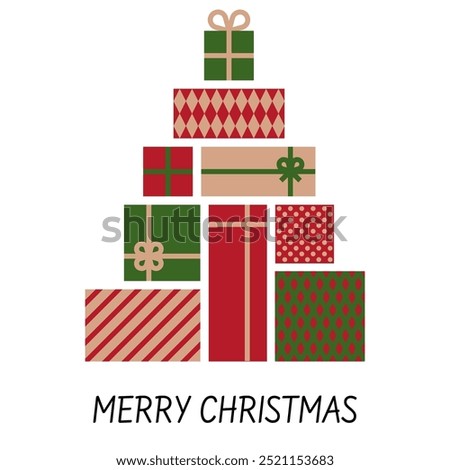 Stack of gift boxes forming a Christmas tree. Present holiday vector elements.