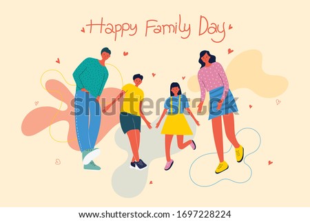 Happy world family day. Parents and children have fun together with bright colors concept. Stylish modern flat card vector illustration