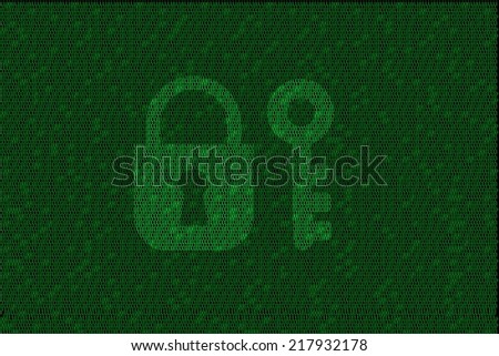 encrypted digital lock and key with green binary code