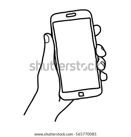 illustration vector doodle hand drawn sketch of human left hand using or holding big smart mobile phone isolated