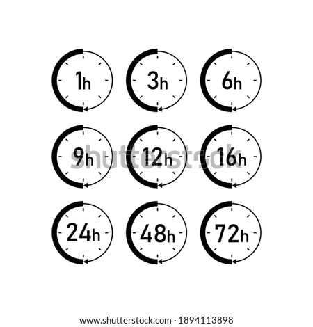 Clock arrow 1, 3, 6, 9, 12, 16, 24, 48, 72 hours. Set of delivery service time icons. isolated on white background. vector illustration