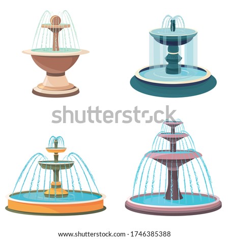 Set of fountains. Beautiful objects in cartoon style.