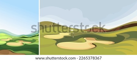 Golf course with sand traps. Outdoor sport location in different formats.