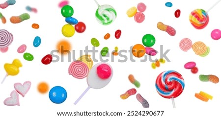 Similar – Image, Stock Photo Many colorful candies fall down in front of a black background