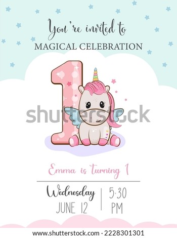 Happy first birthday candle with magical unicorn horse with roses baby girl greeting card vector